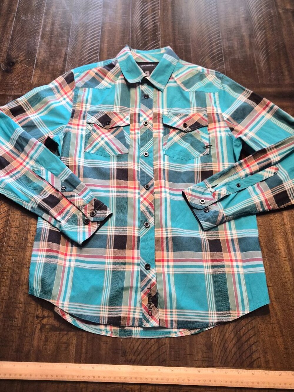 O’Neill Flannel Shirt Mens Size M Plaid Button Up Teal Roll Tab Sleeves G849